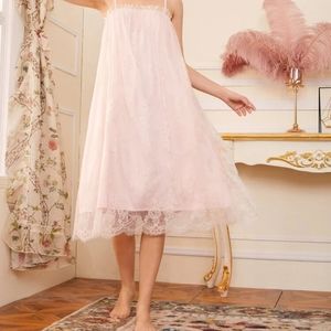 Pink Frill Trim Lace Overlay Slip Nightdress